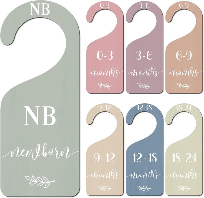Whaline 7Pcs Boho Wooden Baby Closet Size Dividers with Pink Velvet Bag Newborn to 24 Month Thicken Infant Wardrobe Hanger Organizers for Home Nursery Party Gift Supplies - Image 1